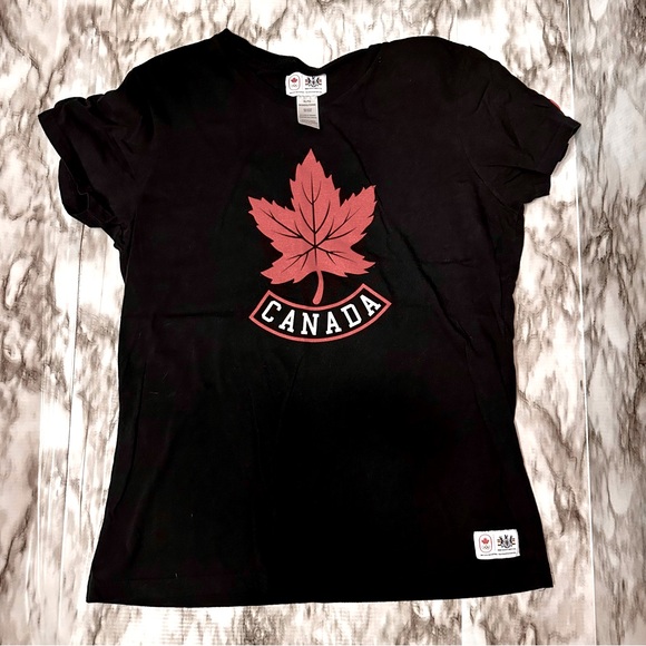 Hudson Bay Tops - Hudson Bay Canada Olympic Rings Black T Shirt Womens Sz XL Maple Leaf Graphic